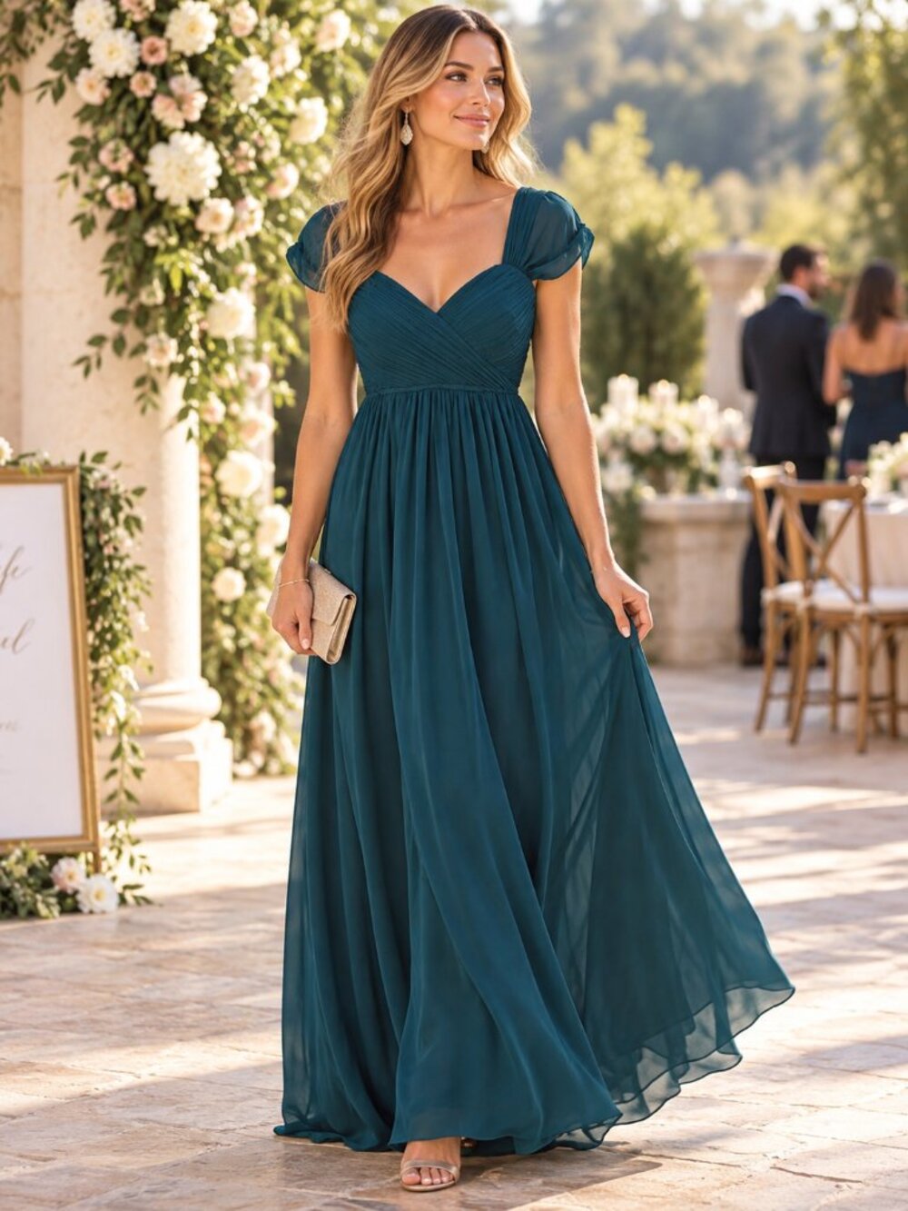 Emerald Green Chiffon Maxi Bridesmaid Dress Ruched Sweetheart Formal Gown Small